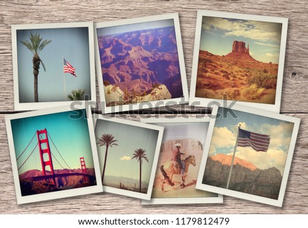 Images from western USA - collage on wood background made like instant photos from old camera