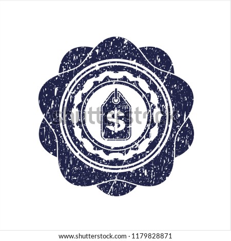 Blue money tag icon inside distress grunge stamp