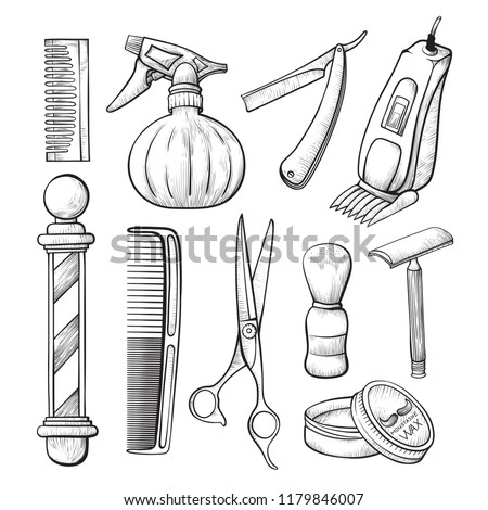 Babershop sketch tools set. Barber essential equipment collection, hair clippers, shears, razors. Vector hand drawn illustration hairdressing supplies