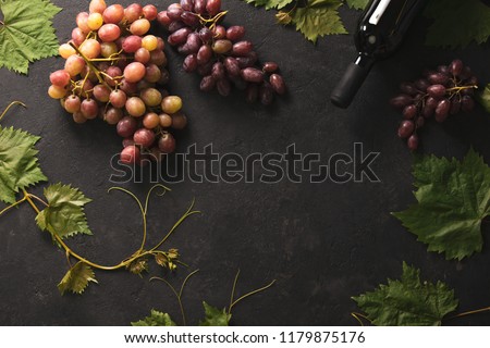 Wine concept, dark wine background with grapes and dark bottle, flat lay, space for a text