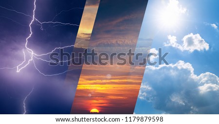 Weather forecast concept, climate change background, collage of sky image with variety weather conditions - bright sun and blue sky, dark stormy sky with lightnings, glowing sunset Royalty-Free Stock Photo #1179879598