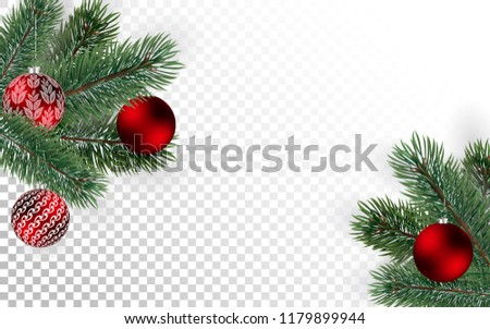 Detailed christmas tree branches and red balls on transparent background. Christmas decoration. Vector New Year design for cards, banners, flyers, party posters, headers, invitation.