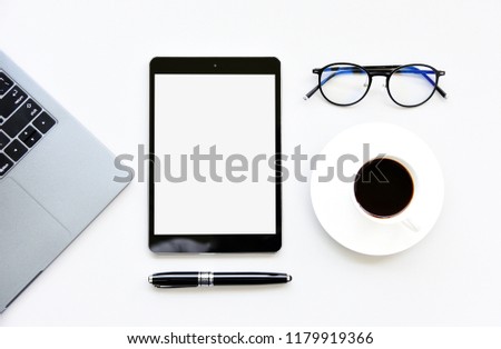 Working with tablet,Laptop computer,Hot coffee copy space on White table background.Top view,Flat lay,style Minmal workspace,business Concept