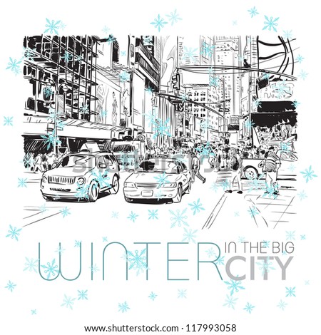 Winter in the big city. Vector illustration.