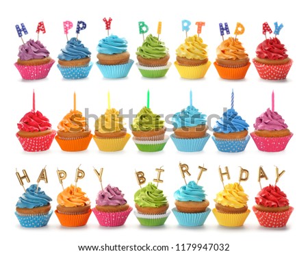 Set with birthday cupcakes and candles on white background