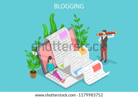 Isometric flat vector concept of creative blogging, commercial blog posting, copywriting, content marketing strategy. Royalty-Free Stock Photo #1179983752