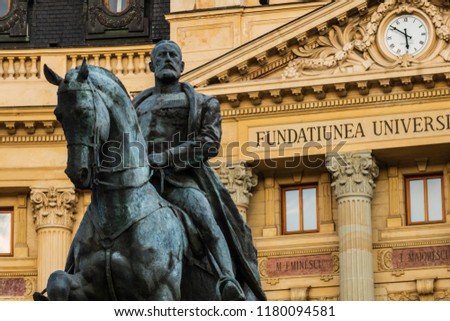 Statue of King Carol I in Bucharest, Calea Victoriei in front of the National Library building.