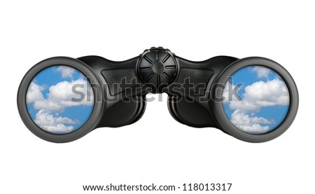 Binoculars with reflection of blue sky in lenses isolated on white background