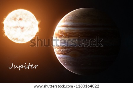 Jupiter against background of Sun. Solar system. Abstract science fiction. Image in 5K for desktop wallpaper. Elements of the image are furnished by NASA