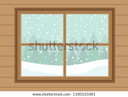 Cartoon Clip Art - Wooden windows with white falling snow and pine forest background, House and snow vector