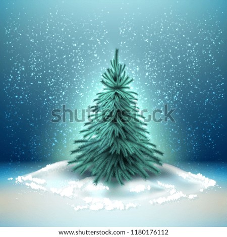 Vector spruce christmas tree with realistic green needles on winter snow background. 3d traditional new year, merry christmas holiday decoration object, xmas greeting card design element.