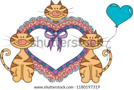 Cute cats with heart embroidered on tape lace