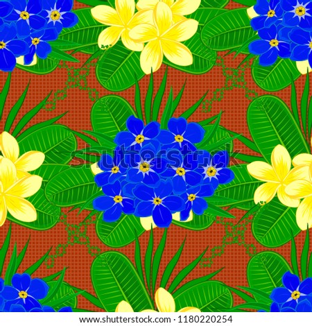 Cute vector floral background. Forget-me-not flowers seamless pattern in orange, blue and green colors.