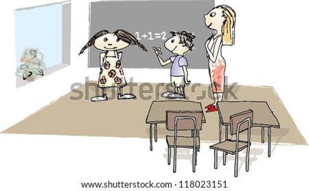 Illustration of children and teacher in the classroom with window