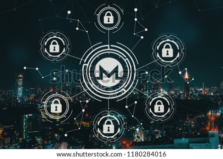 Monero cryptocurrency security theme with aerial view of Tokyo, Japan at night