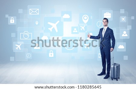 Businessman departs to a business trip with social media and travel symbol concept