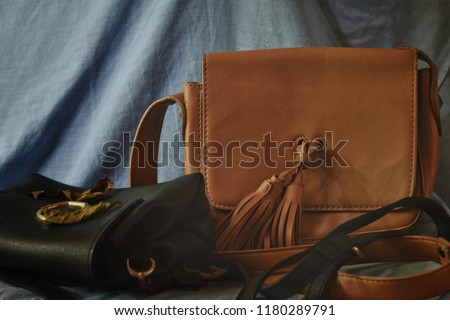 Women's Leather Bag on blue background.Vintage tone.