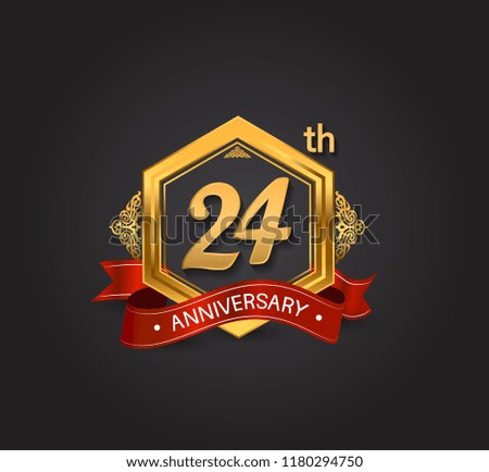 24th anniversary design logotype style with golden hexagon, ornament and red ribbon for use in celebration event.