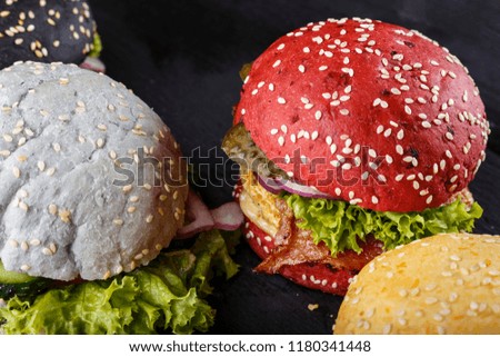 multicolored burgers with sesame seeds on a black background. place for text
