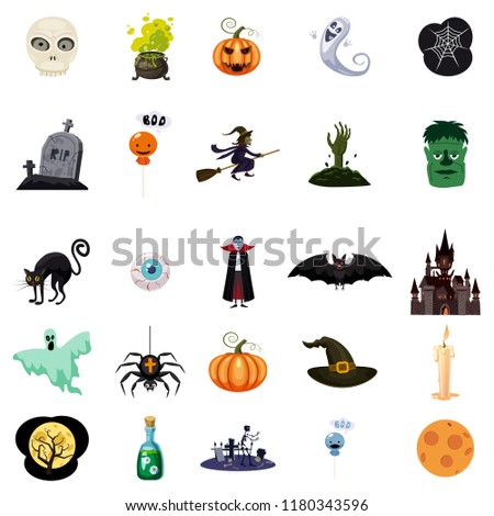 Set of Halloween related objects and characters. Set of halloween icons for your design. Cartoon design. Halloween symbols. Vector isolated