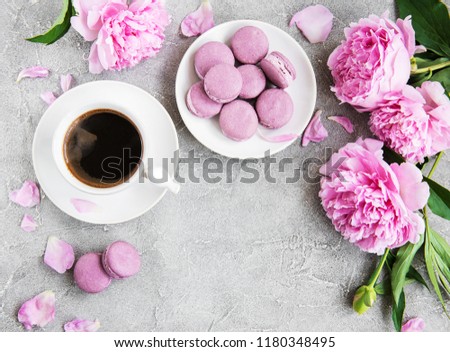Pink peony with coffee and macarons on a concrete background
