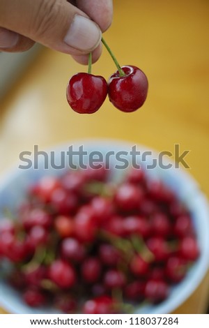 Fruits always remind people of appetite. The picture shows a beautiful looking and delicious red cherry.