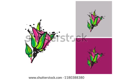 Illustration of rose bud. Luxury fashion style clip-art icon for branding, t-shirt print, promo ads. Isolated vector element on white, gray and amaranth purple colors.
