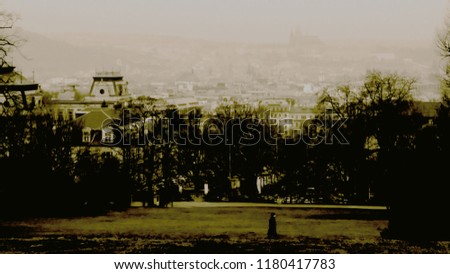 An edited landscape picture of a figure walking in a somber, ghostly manner across a park overlooking a European city. 