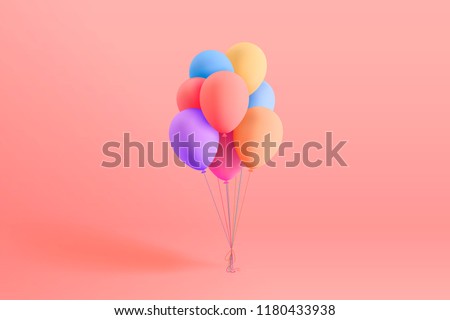 Set of colorful realistic mat helium balloons floating on pink background. Vector 3D balloons for birthday, party, wedding or promotion banners or posters. Vivid illustration in pastel colors.