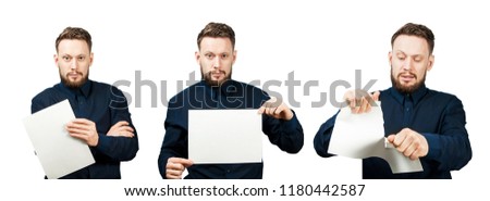Set of portraits of young businessman holding blank a4 isolated on a white background.