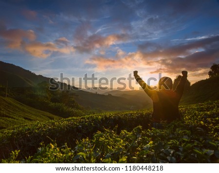 Unrecognized people enjoying beautiful sunrise scenery  at Sungai Palas tea plantation in Cameron Highlands, Pahang, Malaysia.
