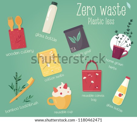Zero Waste concept design with elements. Waste less life illustration.