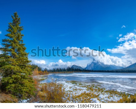 This giant Christmas tree stands as a silent sentinel adjacent to a partially frozen lake in Banff Canada. The awesome blue sky and amazing white clouds complete the picture.