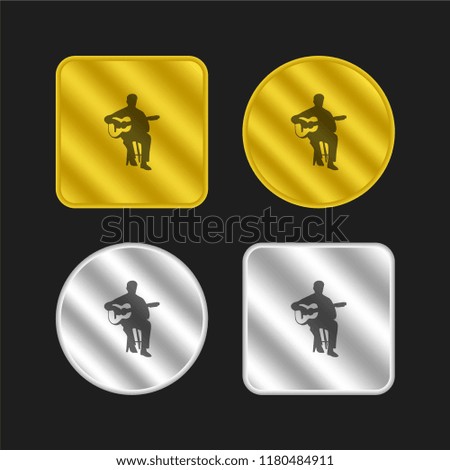 Flamenco guitar player gold and silver metallic coin logo icon design