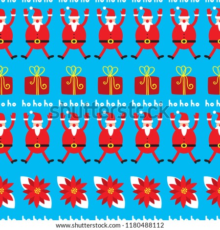 Cute Christmas seamless pattern. Holiday background with poinsettia, Santa Claus and gift box for seasonal wrapping paper, textile, fabric, surfaces design. Vector illustration