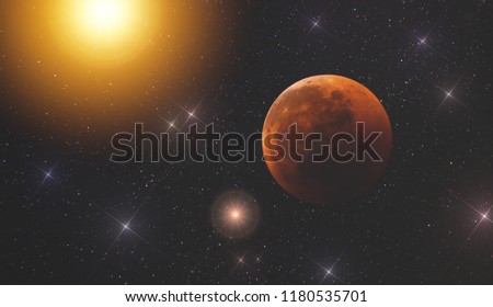 planet in open space against the backdrop of an endless array of stars and galaxies of our universe lighting up the glare of the sun. The Moon in Space