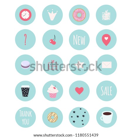 Set of 20 vector icons including sweets for your patisserie business, scrapbooking, bullet journalling, instagram history buttons, etc. Enjoy! Royalty-Free Stock Photo #1180551439