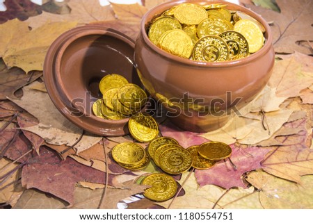 Isolated pot with golden coins. Abstract photo of lucky.