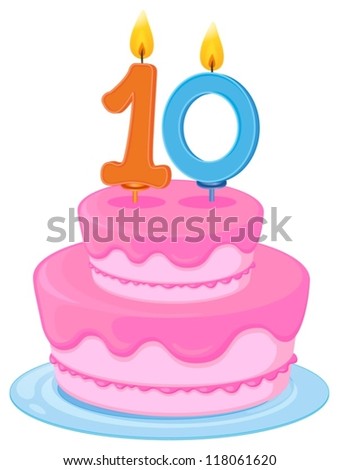illustration of a cake with candle 10 on a white background