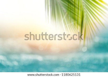 Blurred sunset, sea water bokeh and palm leaf for background. Blurred tropical sea at sunset.