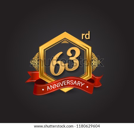 63rd anniversary design logotype style with golden hexagon, ornament and red ribbon for use in celebration event.