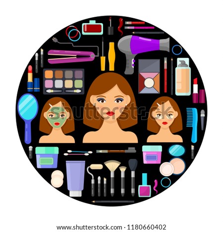 Colorful tools for makeup and beauty on black background.Vector illustration.
