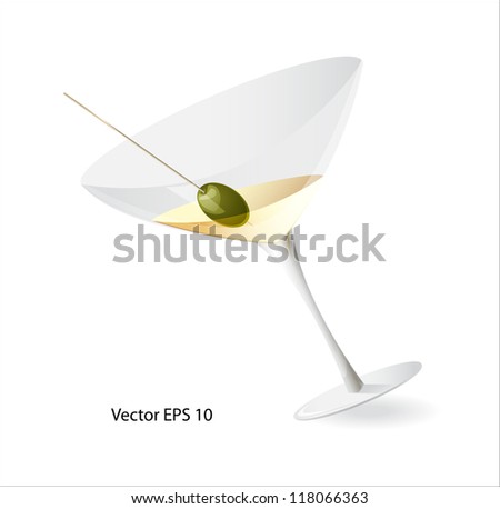 Vector illustration of half full martini glass with golden alcohol martini liquid and green olive on a toothpick standing at some angle with a shadow from the stand