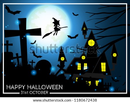 Halloween background of silhouette of witch flying  by broomstick in graveyard on full moon sky with flying bats and Happy Halloween 31st October text. Vector illustration.