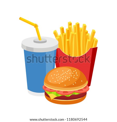 Fast food meal colorful burger french fries and soda isolated on white flat design Royalty-Free Stock Photo #1180692544