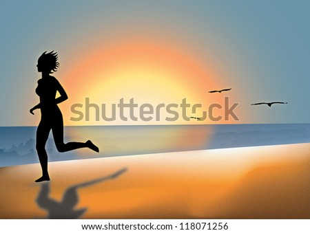 Illustration of one girl that runs on the beach in sunset