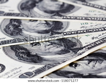 Background with American hundred dollar bills. Close up