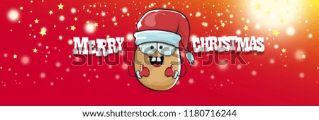 vector funky cartoon smiling santa claus potato with red santa hat and calligraphic christmas text on horizontal red background with blur and lights. vegetable funky christmas food character