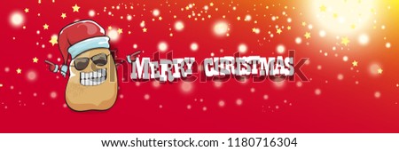 vector funky cartoon smiling santa claus potato with red santa hat and calligraphic christmas text on horizontal red background with blur and lights. vegetable funky christmas food character