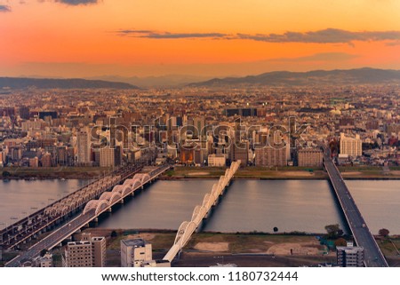 Aerial view Osaka city central business downtown with sunset sky background, Japan cityscape 